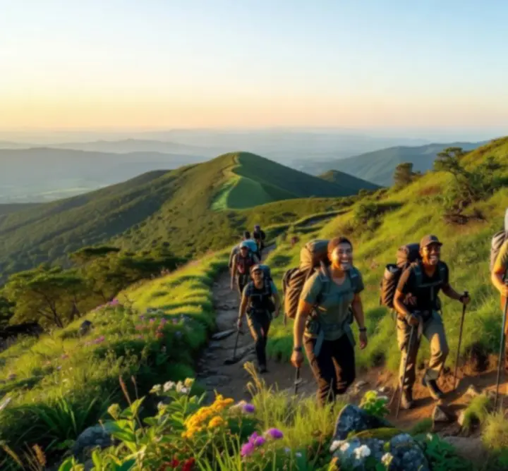Group of travellers hiking through a scenic mountain landscape