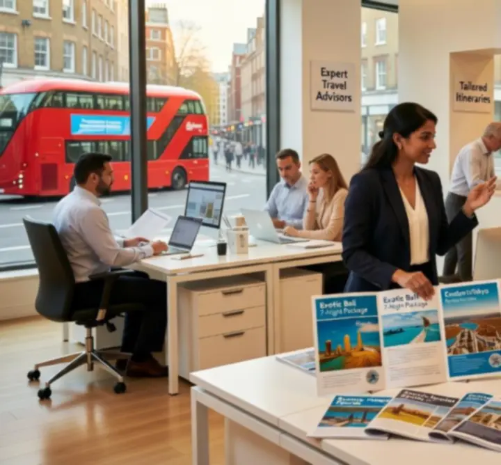 UHUD TRAVEL LTD team collaborating in a modern London travel agency office