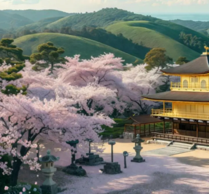 Temple landscape in Asia surrounded by mountains and sunrise.