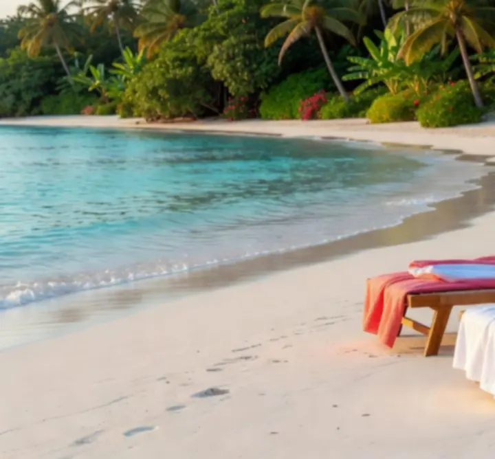 A couple relaxing on a pristine tropical beach at sunset