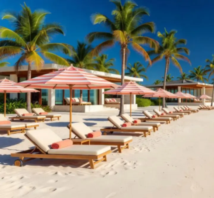 Luxury Caribbean beach resort with white sand and turquoise water.