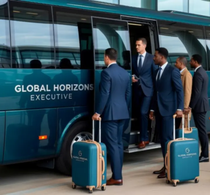 Corporate and group travellers walking through a modern airport