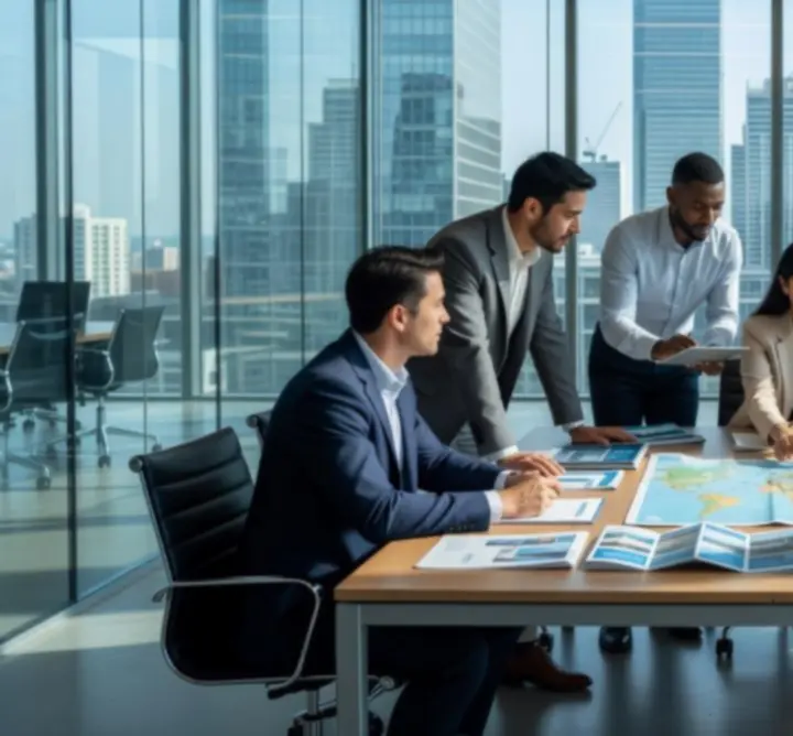 Business team in a corporate travel planning meeting