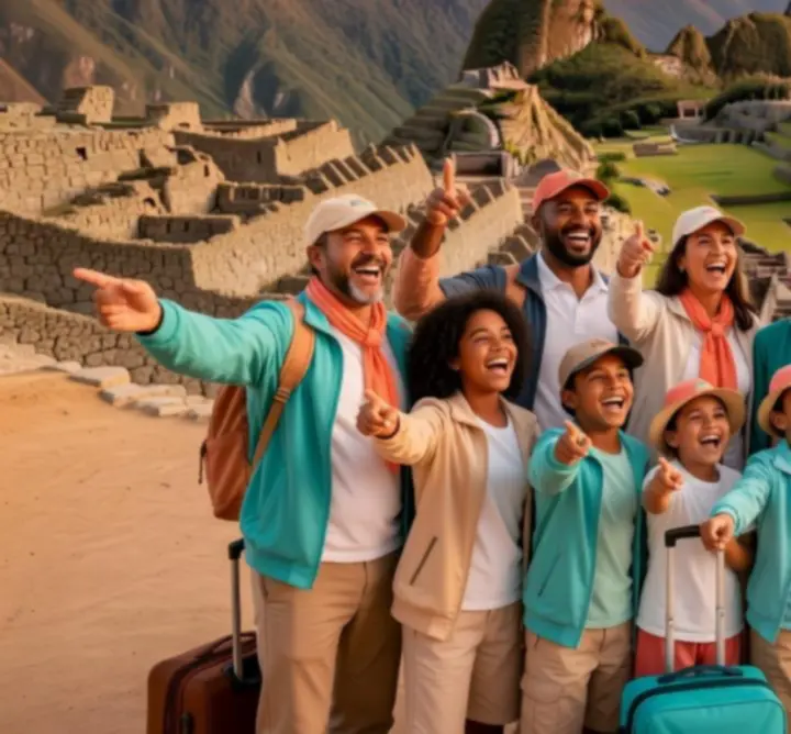 A joyful travel group overlooking a scenic destination