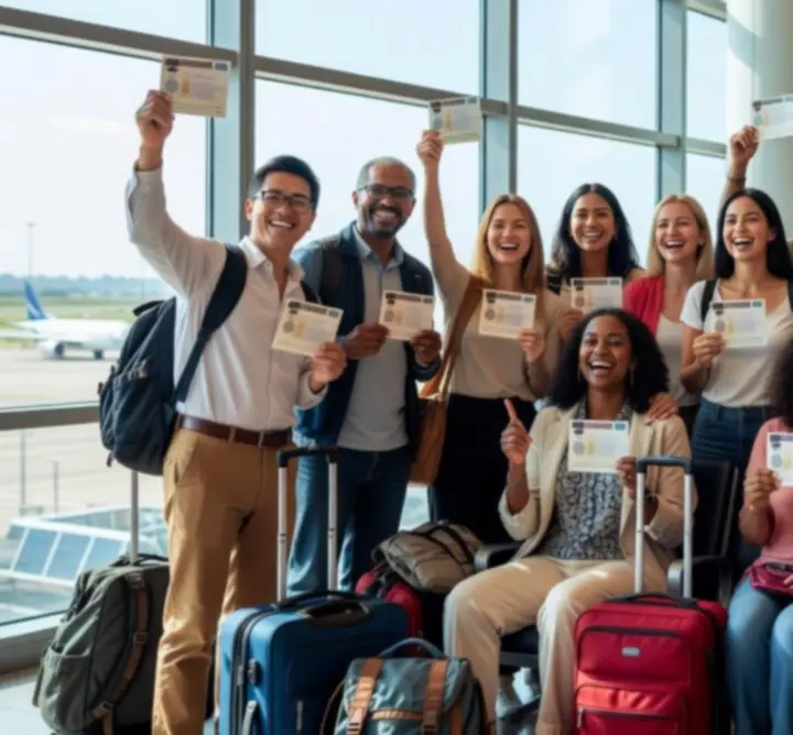 Happy travellers receiving their approved visas and passports