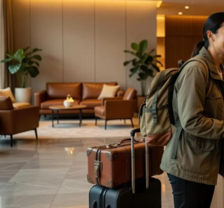 Smiling hotel guest enjoying a comfortable stay