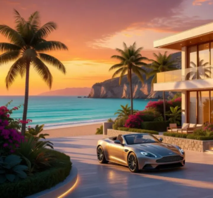 Exterior view of a luxury hotel at sunset