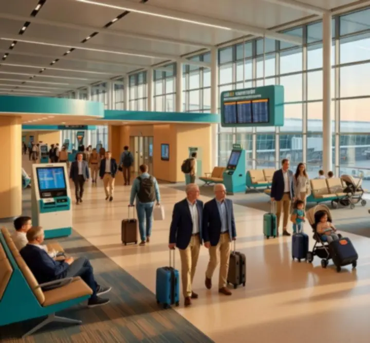 Modern airport interior with travellers checking flight information