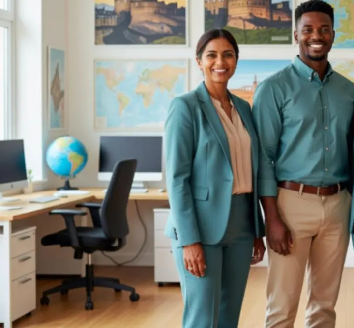 The UHUD TRAVEL LTD team of travel specialists smiling in an office setting