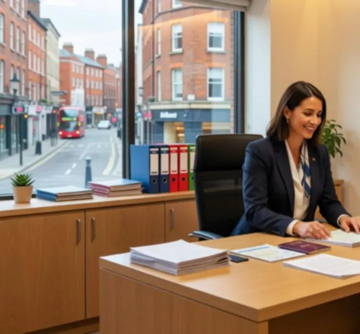 Travel visa consultation at a modern desk with documents and passports ready
