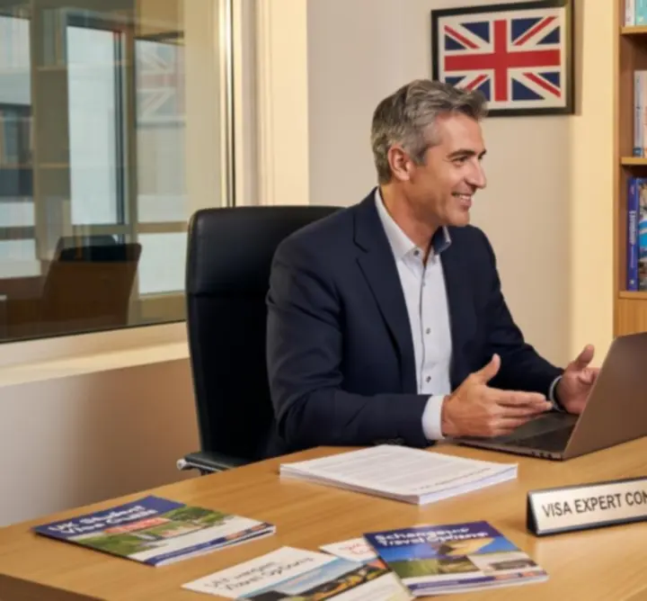 Visa expert discussing travel plans with a client in an office setting